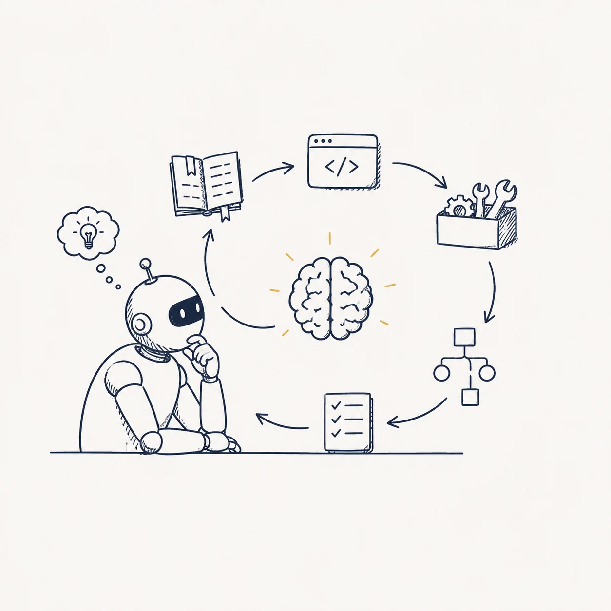 An AI research agent moving through ideas, research, code, tools, validation, and iterative learning