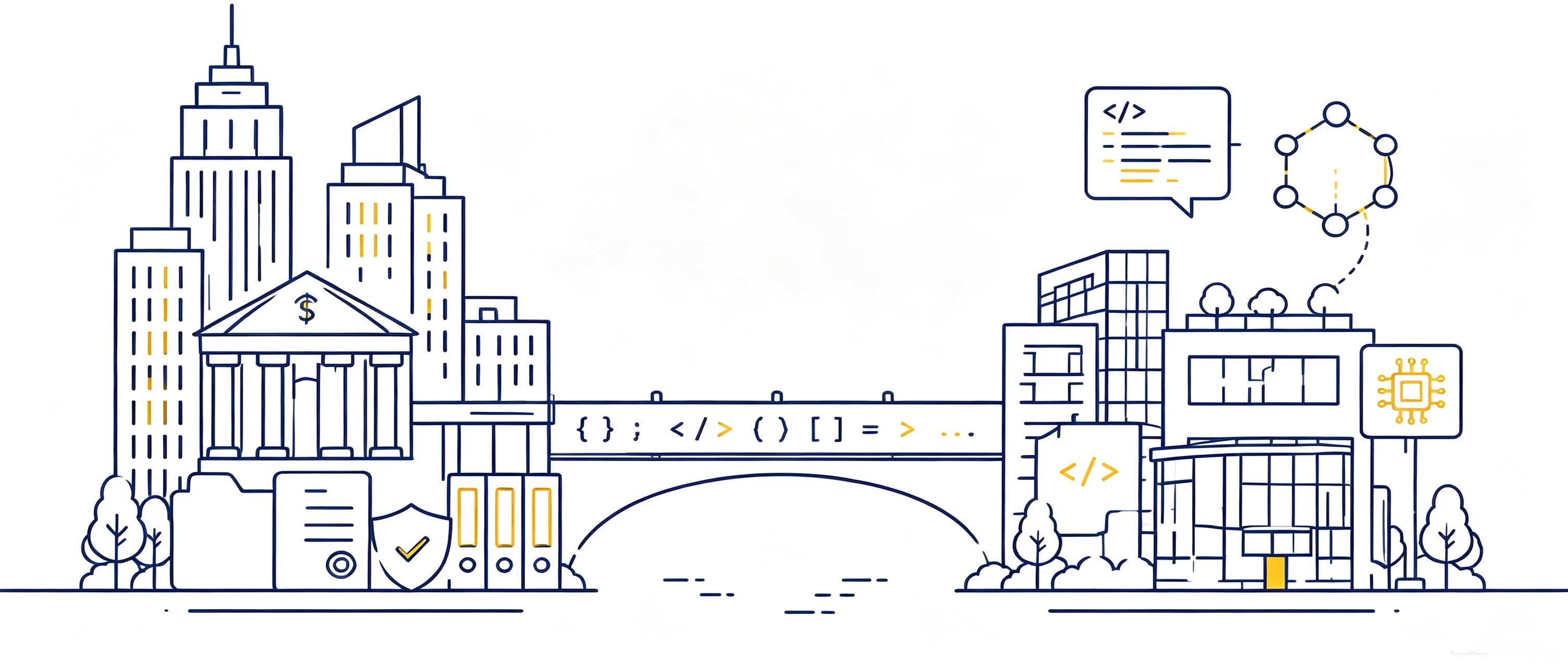A line-art bridge connecting Wall Street finance with AI coding and technology